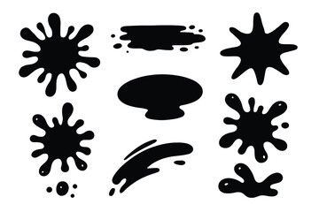 Various Black Ink Splashes and Abstract Shapes on White Background for Graphic Design and Artistic Projects, Vector Cartoon Illustration with Transparent Elements