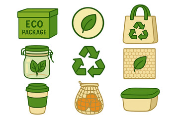 Various Eco-Friendly Icons Representing Sustainable Packaging, Recycling, Zero Waste, and Green Food Storage Practices in Modern Flat Cartoon Style Vector Illustration