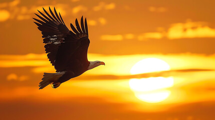 An eagle is flying against the setting sun, creating a dramatic silhouette in the orange sky, symbolizing freedom and power