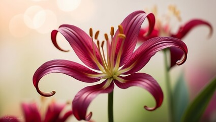 Naklejka premium A single crimson spider lily flower, petals elegantly arching outward, stamens extending gracefully, highlighted with gentle natural light and blurred surroundings.