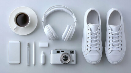 Minimalist flat lay of all-white everyday items including sneakers, camera, smartphone, coffee, headphones, and stationery on a light background
