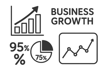 Visual representation of business growth indicators with rising bar chart, line graph, percentage metrics, and pie chart in minimalist vector cartoon style with transparent background