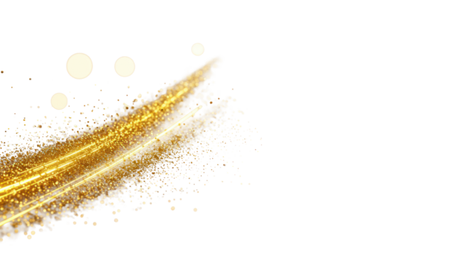 Luminous golden particles and ethereal light streaks form a dynamic, sweeping wave with soft bokeh on a transparent high-key studio background, concept of innovation and progress