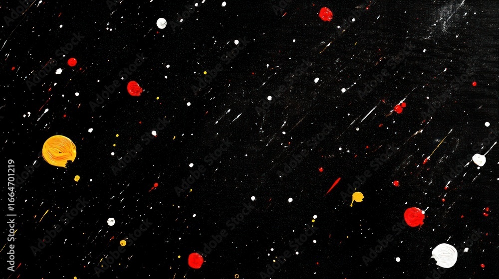 Poster abstract expressionist painting with splattered color on a deep black background