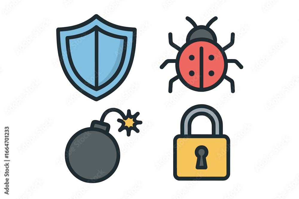 Poster visual representation of cybersecurity threats with shield, bug, bomb, padlock icons, hacker attack 
