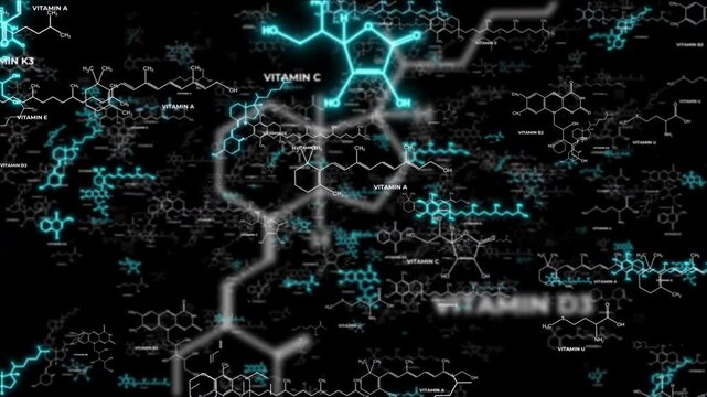 Abstract science animation of vitamin molecule structures glowing in 3D space, with depth of field effect, ideal for science, biology, healthcare, chemistry, nutrition, medical and futuristic concepts