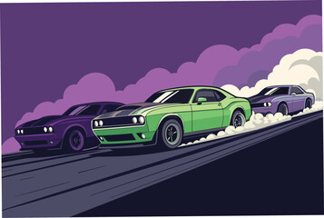 Fototapeta premium Drag racing cars poised for action on the starting line.