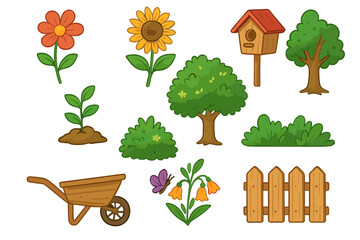 Colorful vector illustrations of various plants, flowers, garden elements, trees, birdhouse, wheelbarrow, and fence showcasing nature's beauty and outdoor gardening inspiration in cartoon style