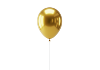 Golden metallic spherical balloon with thin string floating gently on transparent seamless studio background with ample negative space. Concept of success and aspiration