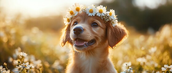 Puppy wearing a flower crown, golden daylight, shallow closeup lens