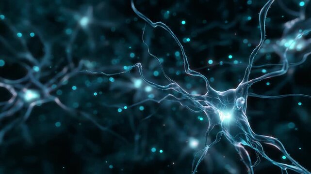 A close up of a brain with many neurons. Conceptual illustration of electric neuron web shapes glowing in gut area,enteric nervous system, sci-tech dark blue teal