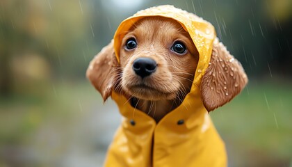 Puppy wearing tiny raincoat, soft daylight drizzle, cinematic close view