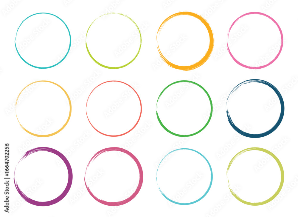 Poster a collection of twelve circular shapes, each drawn with a distinct brushstroke effect and vibrant co