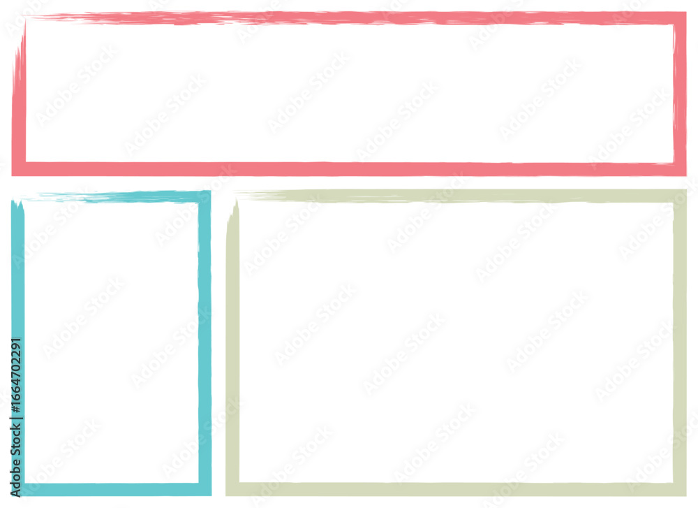 Poster arrangement of three empty rectangular frames on a white backdrop. the frames are pastel pink, blue 