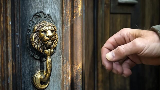 Aged hand reaching for a lion-head door knocker on a weathered wooden door