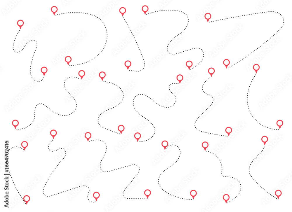 Poster a pattern of routes with pinpoint markers on a white background, showing different trajectories. dem
