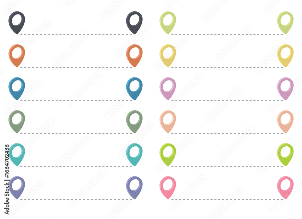 Poster rows of pastel-colored location pin icons are connected by dotted lines, creating a path or journey 