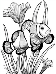 Clownfish coloring page swimming through sea flowers and underwater plants
