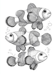 Three clownfish coloring page with bubbles and underwater background

