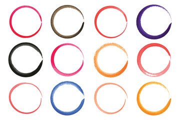 A grid of twelve painted watercolor circles on white. The circles are in various colors and have a textured, handmade look. An artistic arrangement of paint colors.