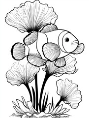 Clownfish coloring page swimming through sea flowers and underwater plants
