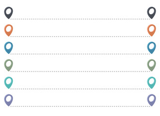 A layout with multiple rows features colorful map pins aligned on each side, connected by dotted lines. The pins are in shades of gray, orange, blue, green, and purple.