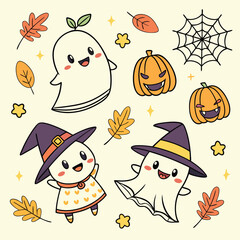 halloween kawaii vector set of cute ghosts 