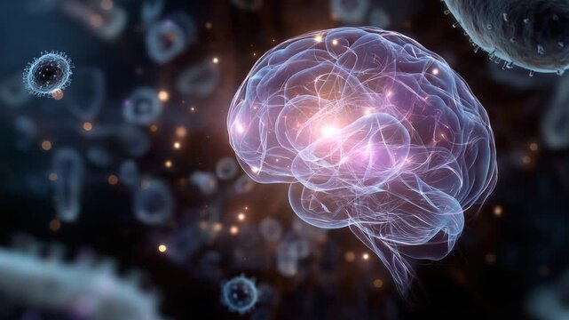 A brain is depicted in a blurry multitude. Conceptual illustration of gut glowing particles with brain-shaped overlay surrounding it, gut brain axis, muted background glowing highlights