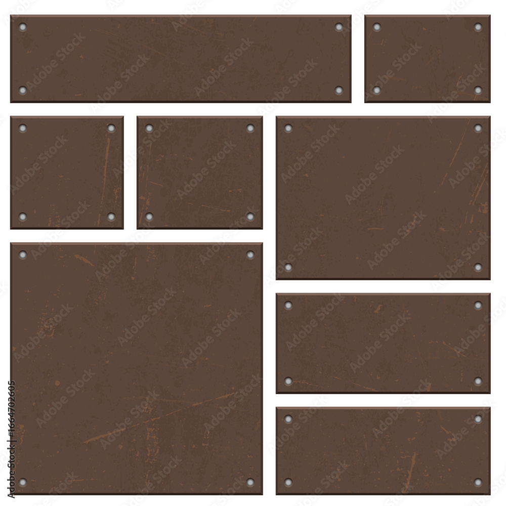 Poster a collection of differently sized, rusty metal panels arranged together on a white background. each 