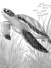 Sea turtle swimming through ocean grass coloring page
