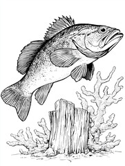Large freshwater fish with coral and stump coloring page
