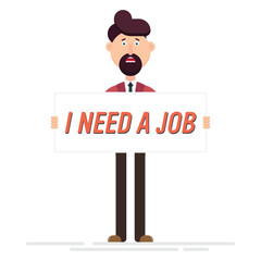 Illustrated man with concerned expression dressed in a suit. He is unemployed and holding a sign seeking employment.The image evokes a sense of job hunting and desperation.