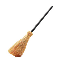 Witch broom leaning slightly with natural straw bristles and dark wooden handle creating rustic magical vibe