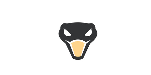 Obraz premium Minimalist black snake head icon with aggressive white eyes and a yellow lower jaw.
