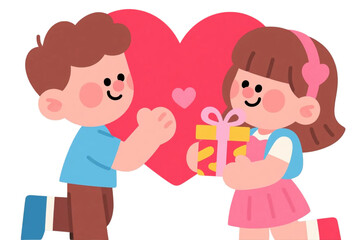 Cute cartoon couple exchanging Valentine&rsquo;s gifts.
