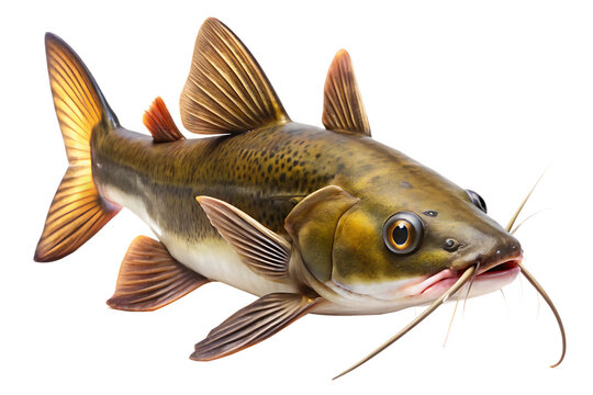 Close-up of a realistic brown catfish with long whiskers and detailed fins isolated  on a white Background ,PNG. AI.Generated.