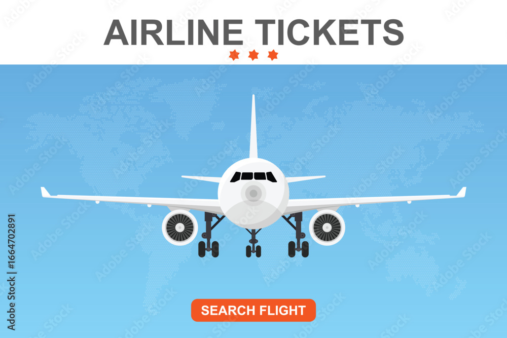 Poster an airplane in flight is centered against a world map backdrop, inviting viewers to explore flight o