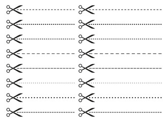 Fototapeta premium Multiple pairs of scissors are placed at the ends of rows of horizontal dashed and dotted cut lines, providing visual guides for crafting and creative projects.