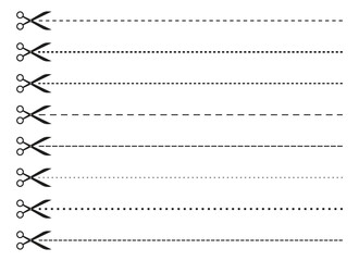 Several rows of scissors aligned with varying types of dashed and dotted lines, indicating cutting points, against a white background. Symbolizes separation or division.