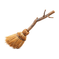 Rustic witch broom with natural wooden handle leaning slightly, perfect for magical or decorative use in fantasy settings