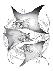 Manta rays swimming in a circular pattern coloring page
