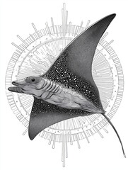 Manta ray with fish coloring page illustration
