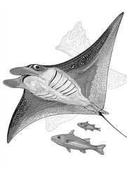 Manta ray with fish coloring page illustration
