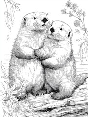 Two cute otters holding hands realistic coloring page
