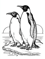 Two penguins standing on ice coloring page

