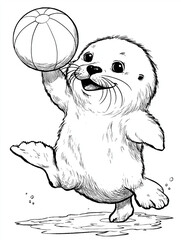 Cute baby seal illustration playing with a beach ball

