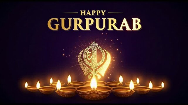 Celebrate Happy Gurpurab with Golden Sikh Symbol and Glowing Diyas Animation for Festive Occasions and Spiritual Observances