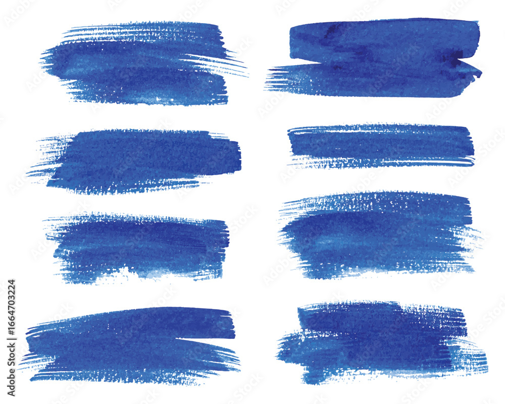 Poster a collection of eight horizontal blue watercolor paint brush strokes in varying textures and shades 