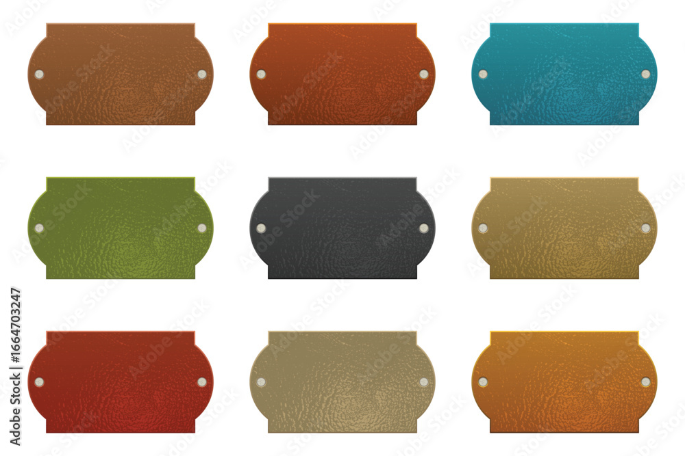Poster nine colorful simulated leather nameplates are neatly arranged. each has rounded edges and circular 