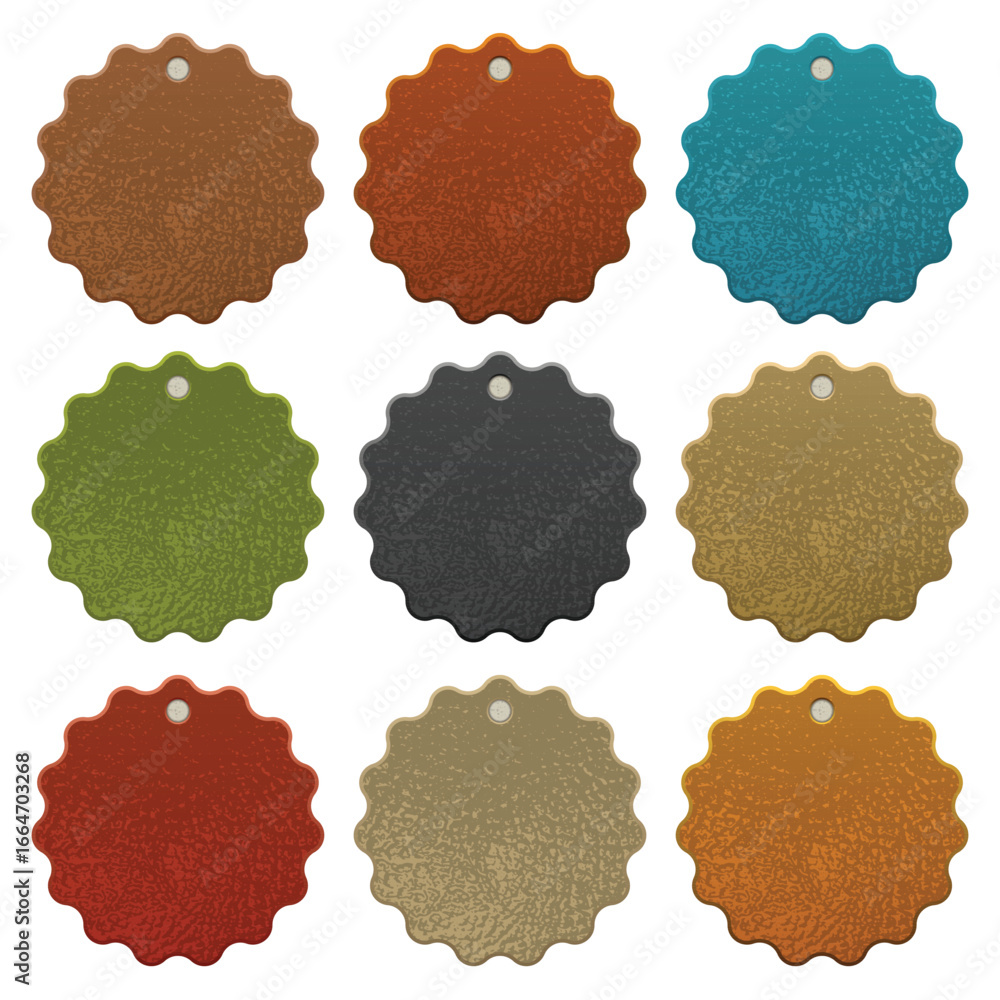 Poster a set of nine round, scalloped-edge tags displayed on a white background. each tag features a unique